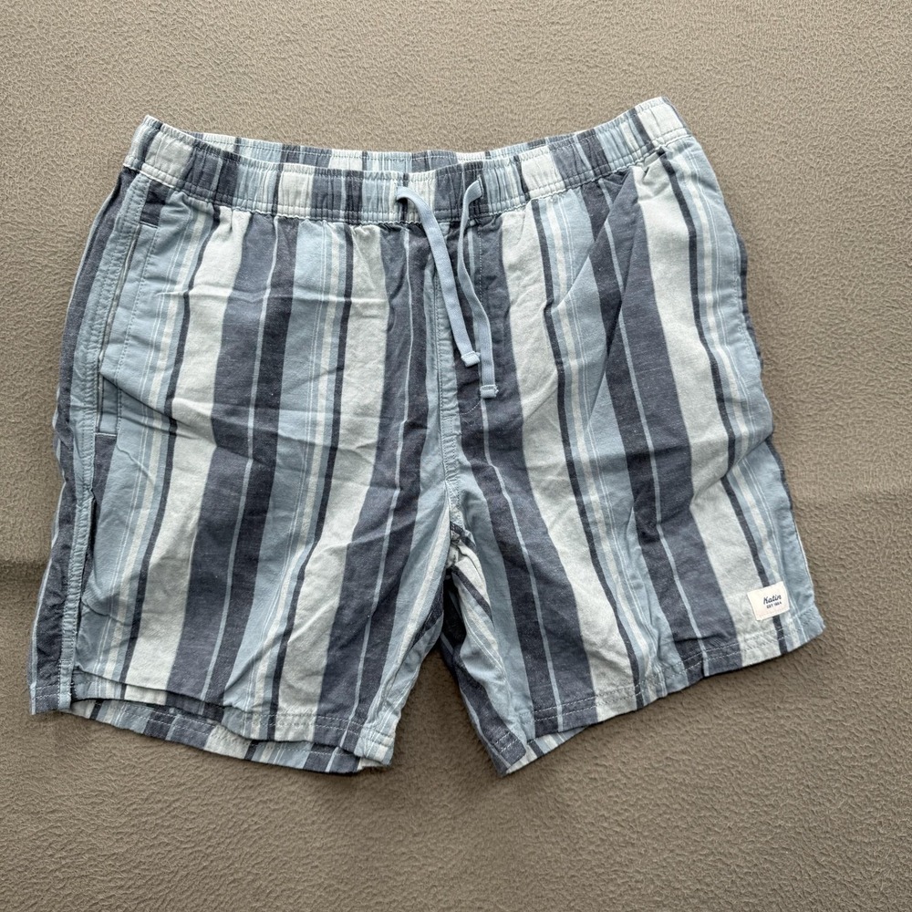 Katin Shorts Mens Large Blue Striped Linen Cotton Chino 6 Inseam Drawstring